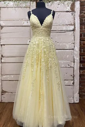 A Line V Neck Beaded Yellow Lace Tulle Long Prom Dress Yellow Lace Formal Dress Beaded Yellow Evening Dress