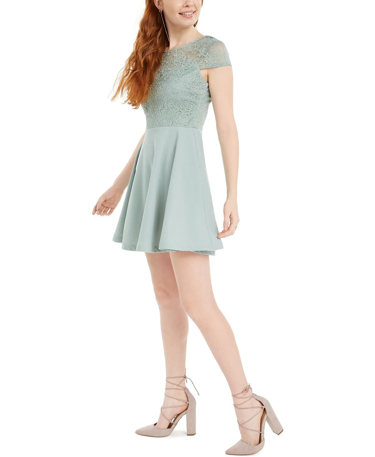 B Darlin Juniors' Lace-Top A-Line Dress Aqua