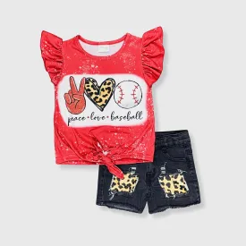 Baseball Red Bleached Denim Shorts Kids Outfit