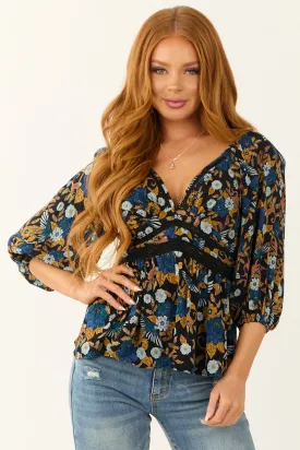 Black Floral Print Lace Detail V Neck Blouse