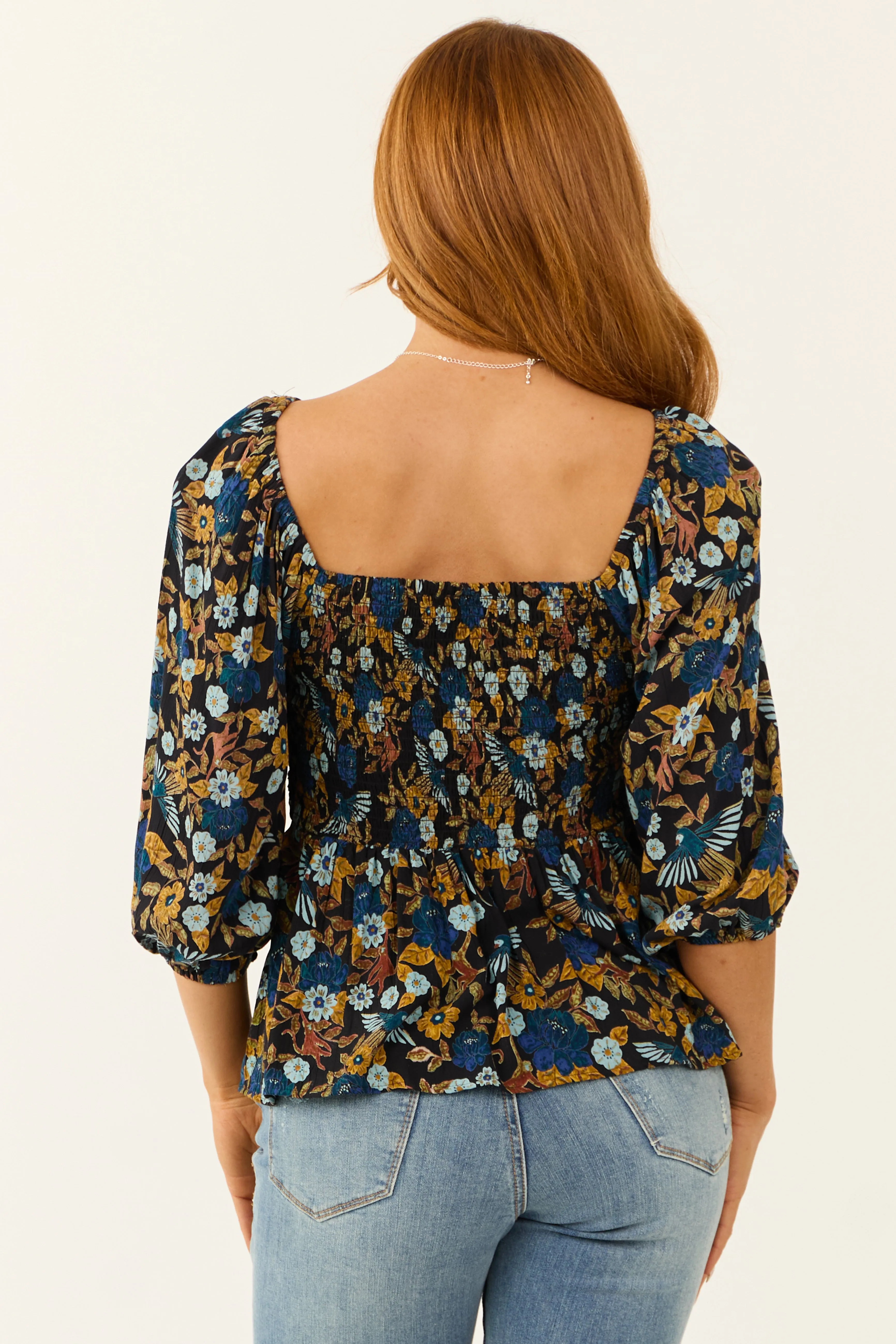 Black Floral Print Lace Detail V Neck Blouse