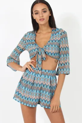 Blue Zig Zag Crochet Tie Front Co-ord - Adele