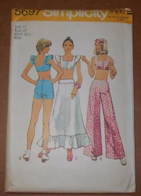 Butterick 5697 Misses Midriff-Top, Skirt, Wide Leg Pants, or Short Shorts Vintage 1970's