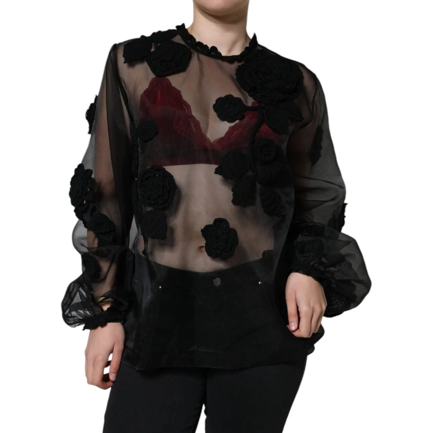 Dolce & Gabbana Black Nylon Mesh Transparent Floral Blouse