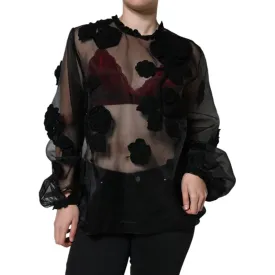 Dolce & Gabbana Black Nylon Mesh Transparent Floral Blouse