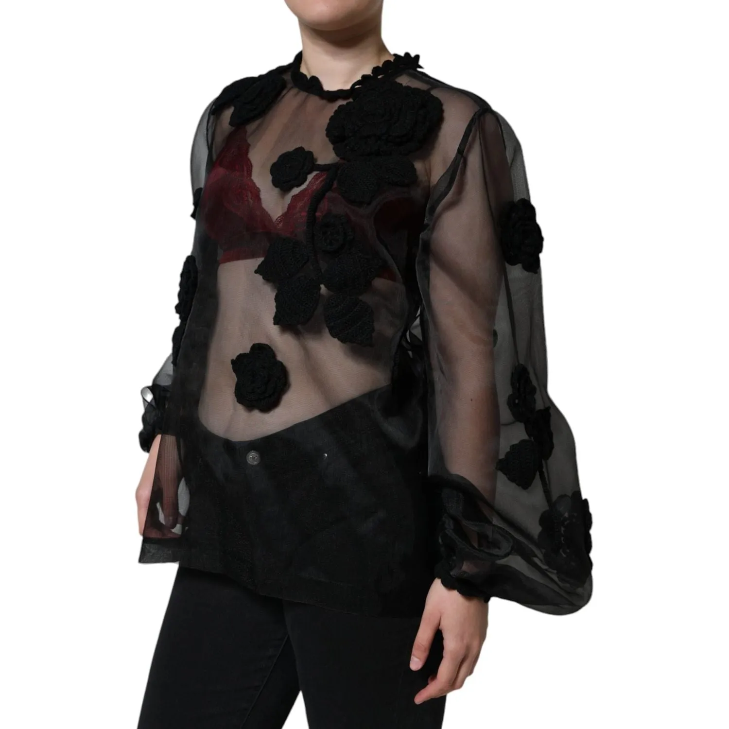 Dolce & Gabbana Black Nylon Mesh Transparent Floral Blouse