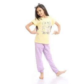 Girls Printed Doll Yellow Tee & Mauve Pants Pajama Set