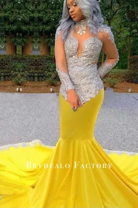 Grey Lace Long Sleeve Yellow Jersey Mermaid Prom Dress