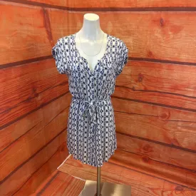 JACK WHITE BLUE PATTERN TIE BUTTON DRESS SIZE L TCC