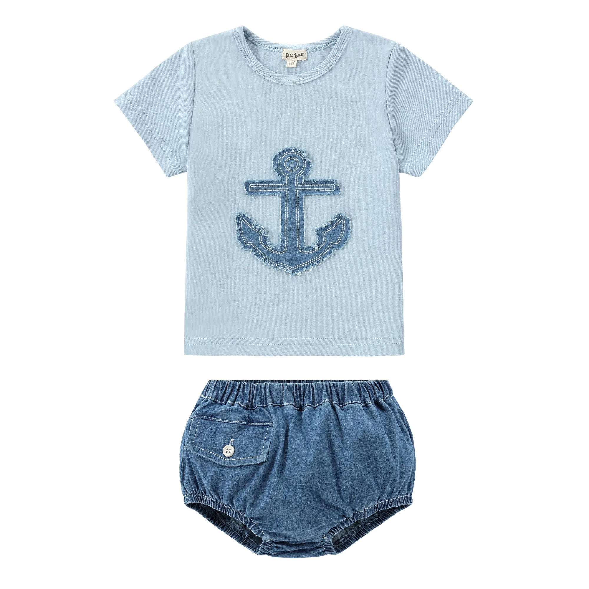 Light Blue T-Shirt With Denim Anchor Applique Set