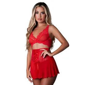 Magic Silk Sugar High Bralette, Cincher Skirt & Thong Set Red L/XL