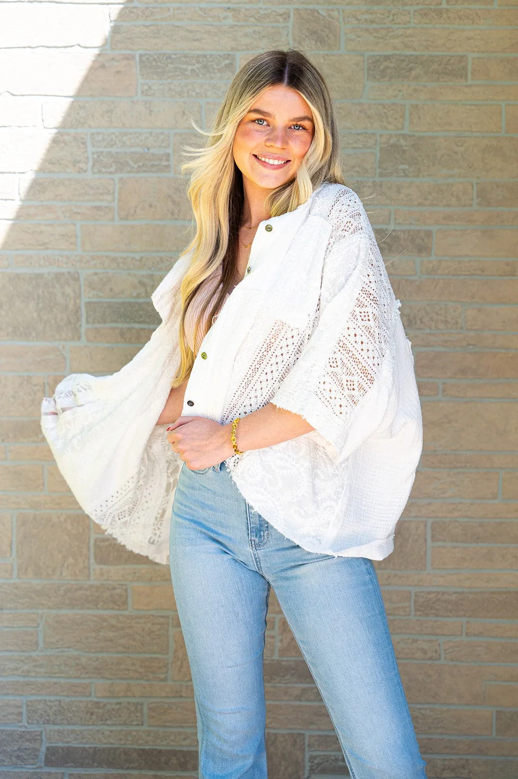 Olivia Button Down Lace Top White