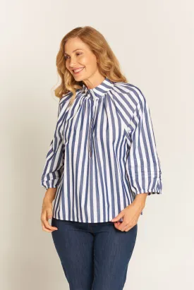 Pleat Sleeve Cotton Blouse Navy/White