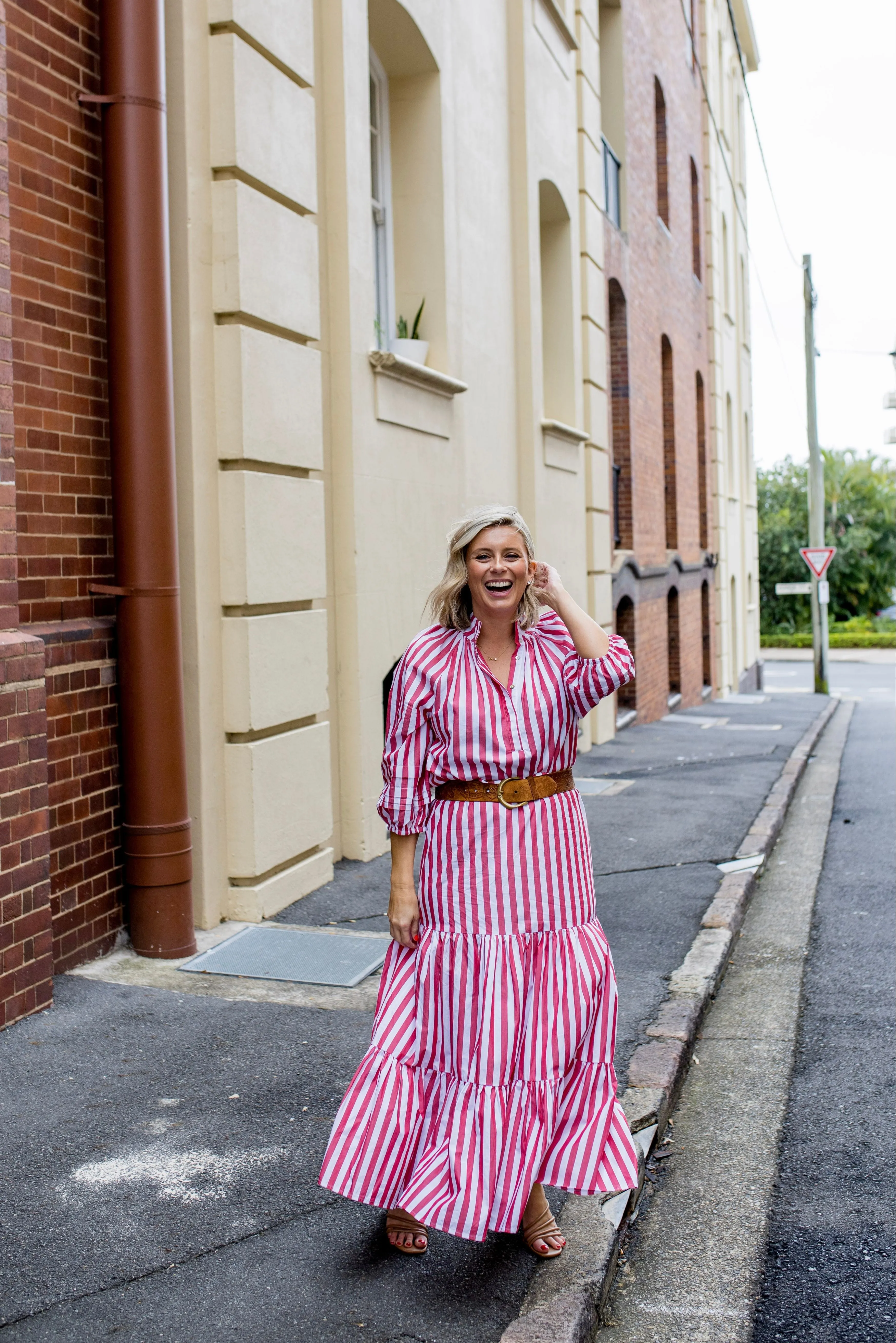 Pleat Sleeve Cotton Blouse Red/White