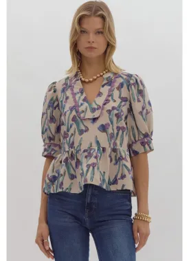 Printed SS V Neck Blouse in Ecru by Entro