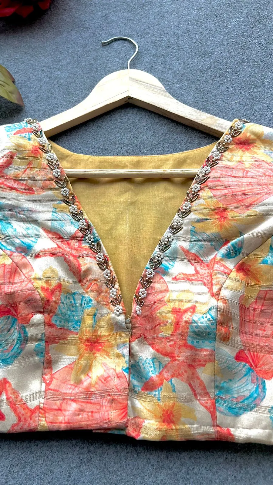 Silk orange floral hand work blouse