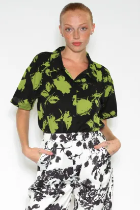 Silk Printed Black Green Floral Shirt