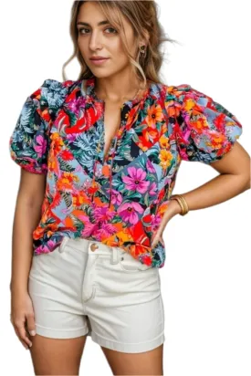 TEEK - Floral Ruffled Tie Neck Short Sleeve Blouse