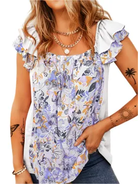 TEEK - Square Collar Outer Vest Floral Ruffled Sleeveless Top