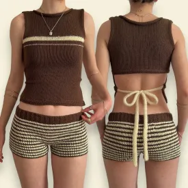 The Sienna Set - matching striped crochet shorts and bow tie up knit vest top