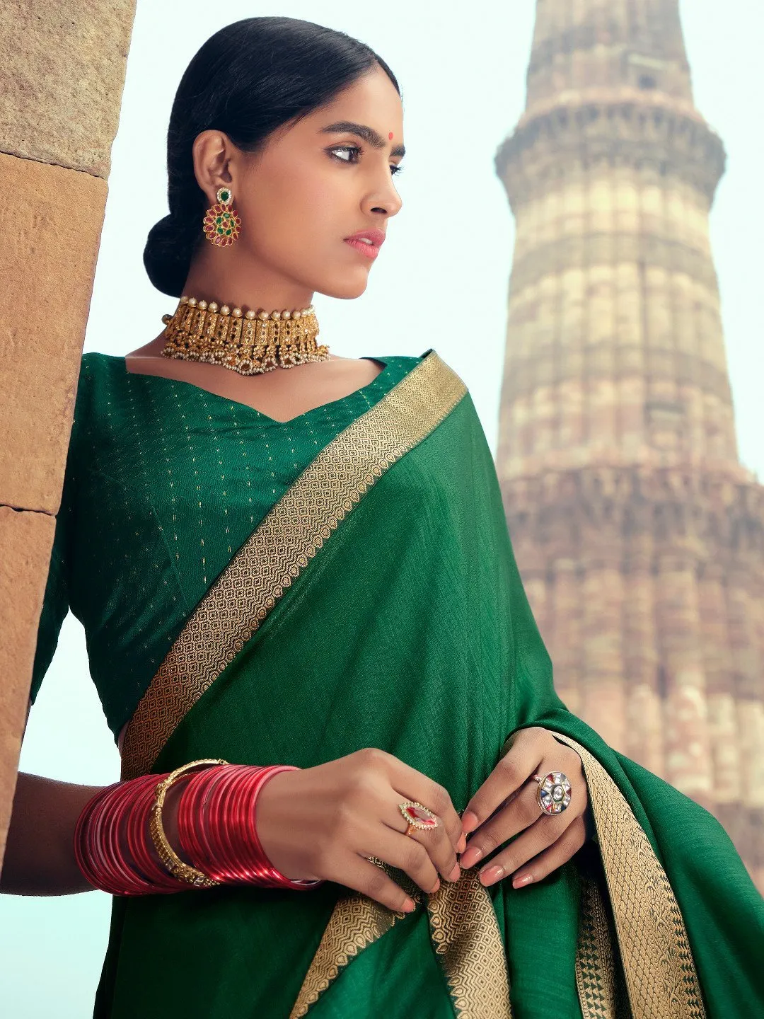 Vichitra Silk Woman Green Saree With Heavy Lace and Blouse