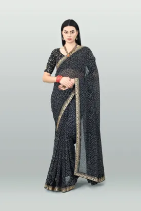 Women Party Wear Bandhani Printed Black Colour Georgette Saree Collection