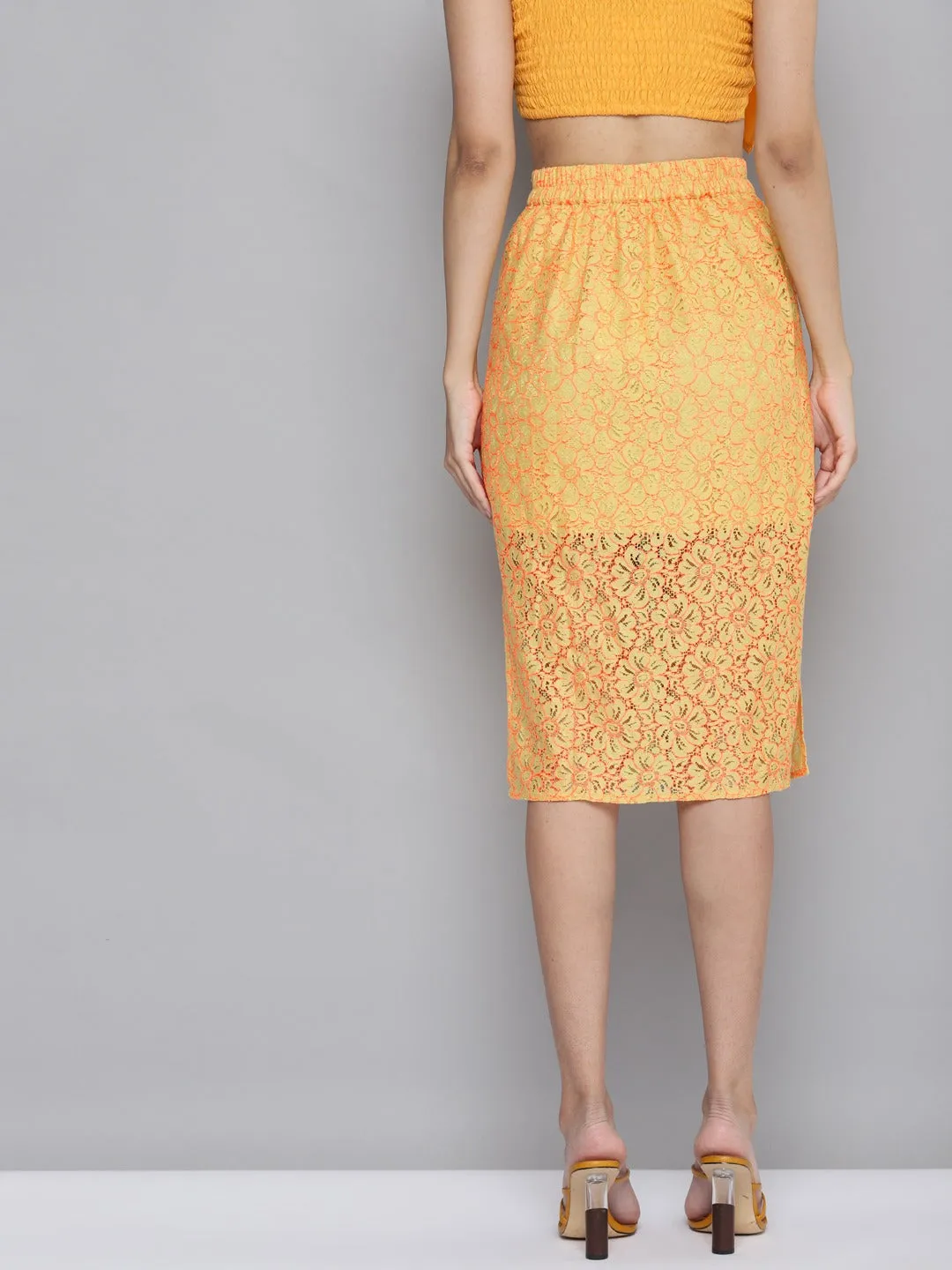 Women Yellow Lace Side Slit Skirt