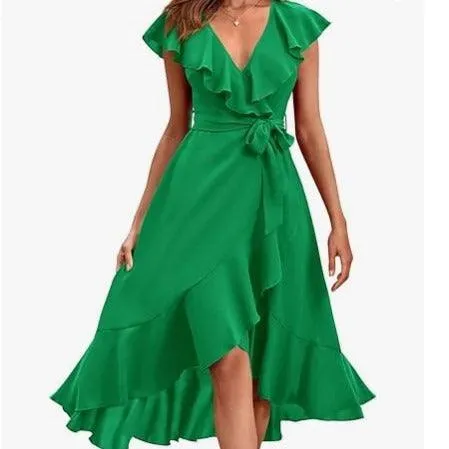 Women's V-neck Short Sleeve Ruffles Long Tie Dress
