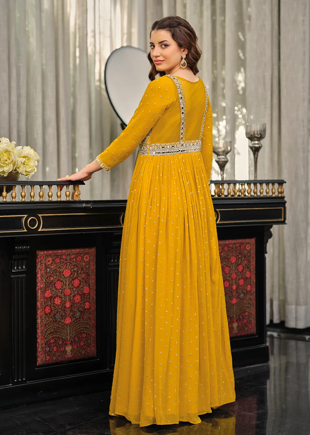 Yellow Haldi Wedding Party Wear Long Anarkali Gown