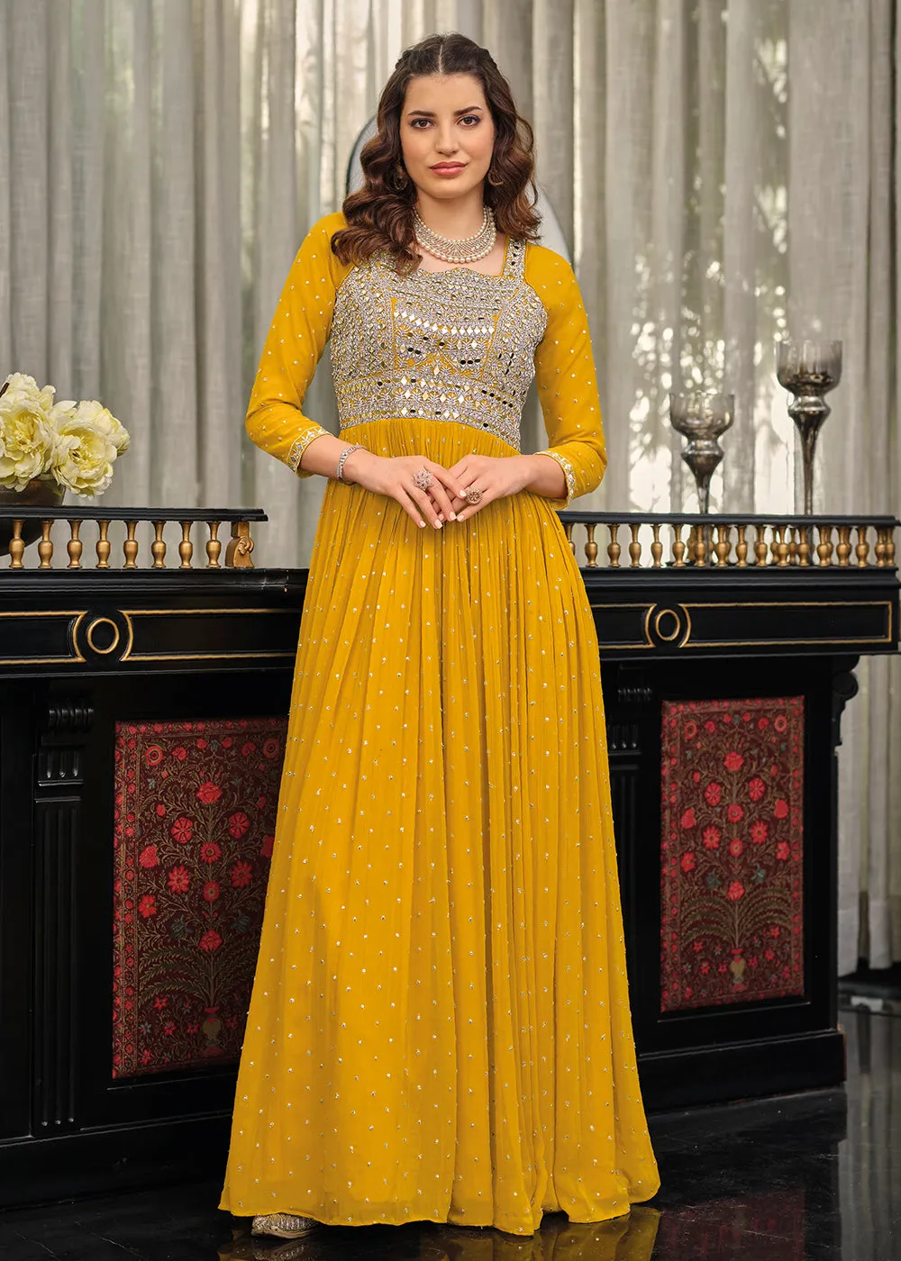 Yellow Haldi Wedding Party Wear Long Anarkali Gown